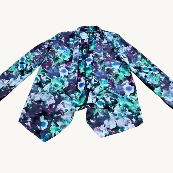 ASTR Size L NEW Black Multicolor Floral Open Front Long Sleeve Sheer Blazer - Picture 1 of 14